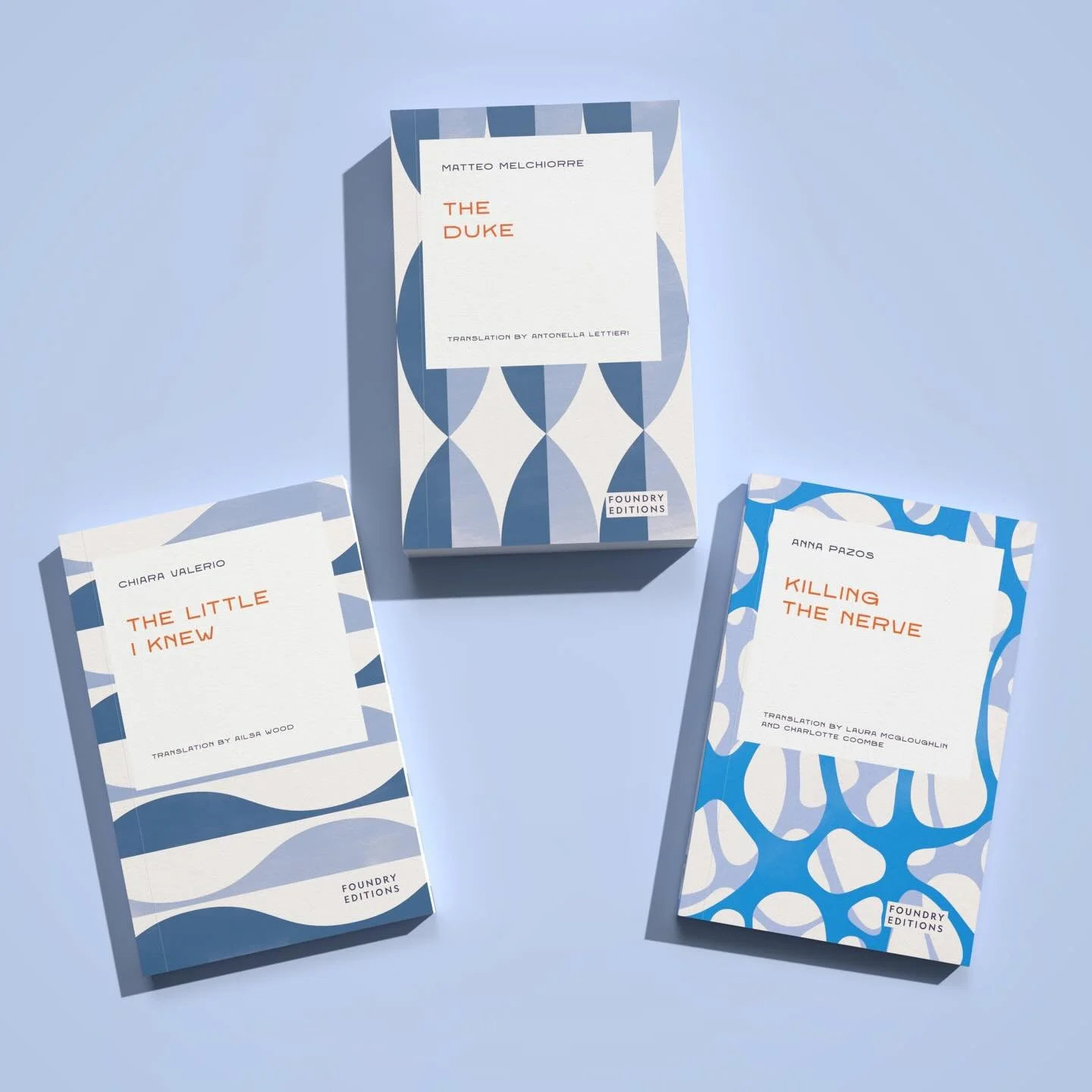 Latest book designs for Foundry Editions

Two new Italian books:
The Little I Knew by Chiara Valerio
The Duke by Matteo Melchiorre

Both cover designs are variations of the original pattern inspired by mid-century avant-garde italian designs - especi