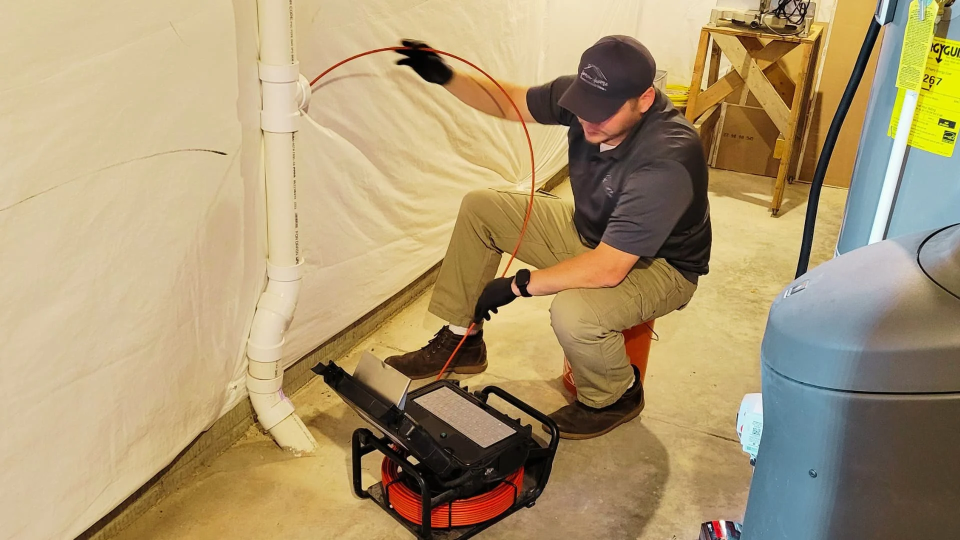 home inspector performing a sewer line inspection