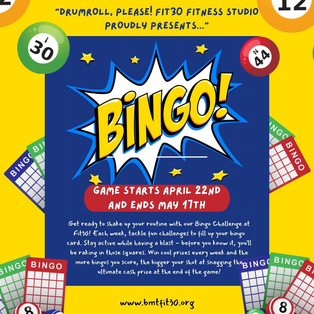 Who loves to play bingo???!!! ✋

It&rsquo;s a classic bingo game but with a bit of a fitness twist! 

You will earn your squares and attempt to black out your cards each week for 4 weeks. You will be given physical and mindful challenges to complete 