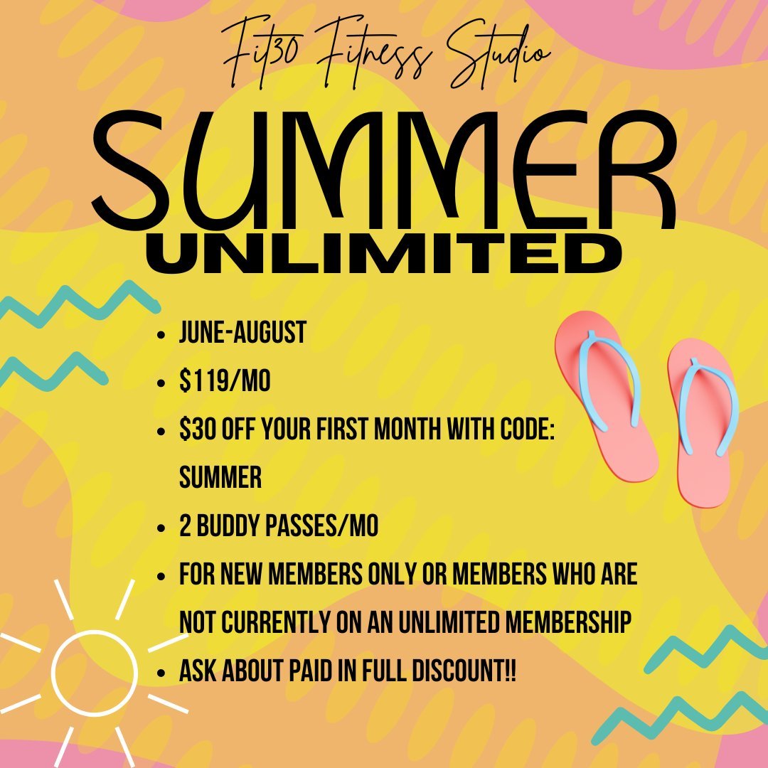 ☀️Prepare for an active summer ahead! Jump into our summer unlimited special and gain access to a wide range of classes at your convenience. Enjoy all the perks of our top-tier unlimited membership pricing without the need for a long-term commitment.