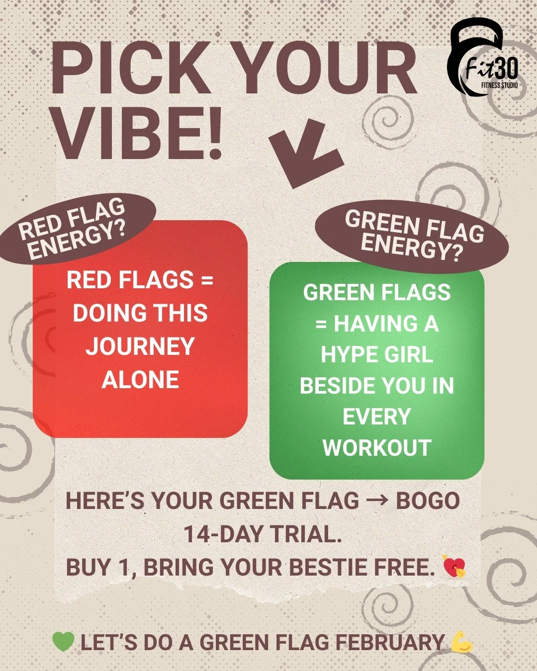 This month, we&rsquo;re treating our workouts like we treat our dating lives:
if it&rsquo;s not a green flag, it&rsquo;s a hard pass.

🟥 Red Flag Energy:
&ndash; Workouts you dread
&ndash; Trainers who don&rsquo;t even know your name
&ndash; Program