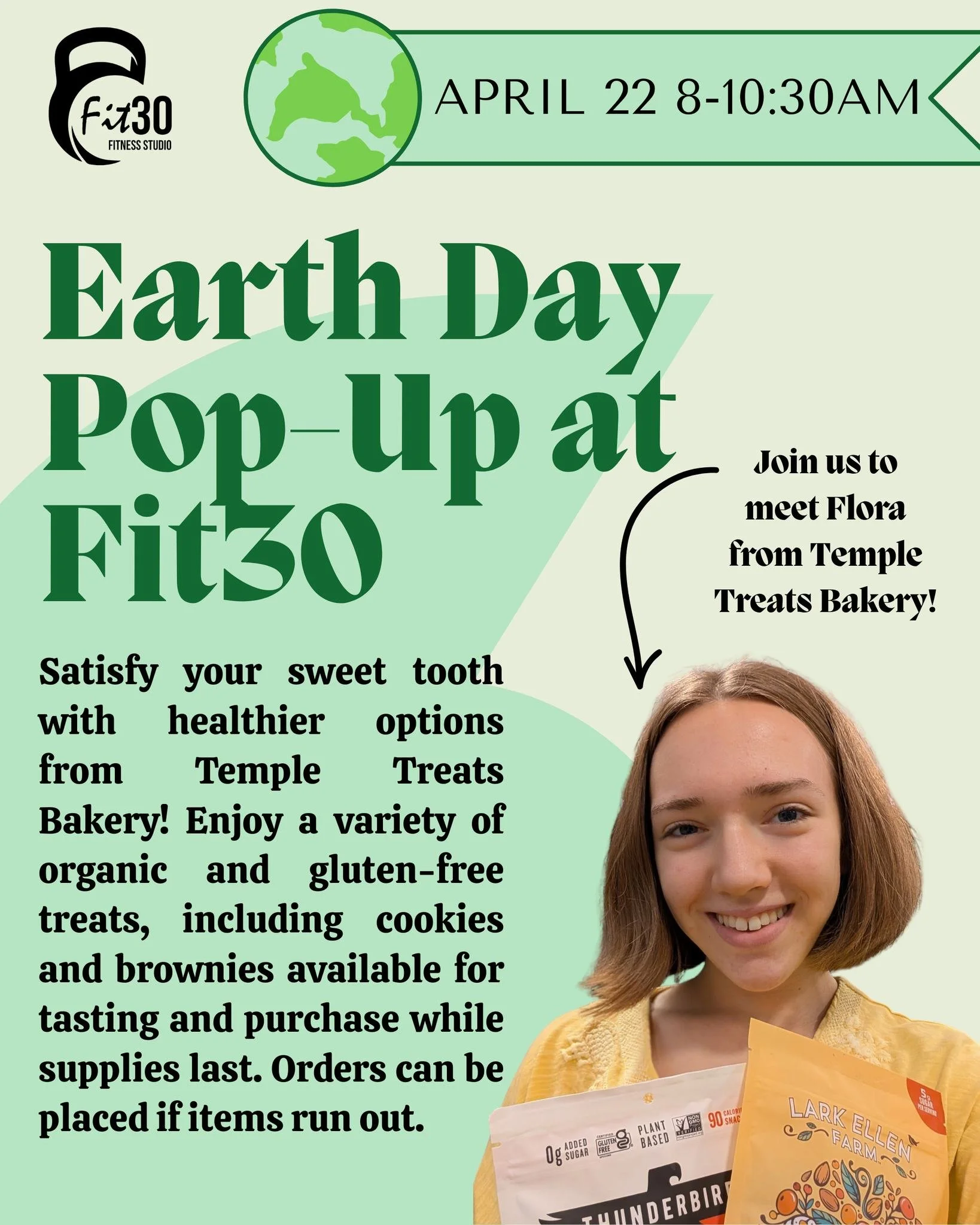 Stop by Fit30 this Wednesday, April 22 and meet Flora with Temple Treats Bakery.

👉She&rsquo;ll be set up in the lobby from 8:00&ndash;10:30 AM with organic and gluten-free cookies and brownies available for tasting and purchase while supplies last.