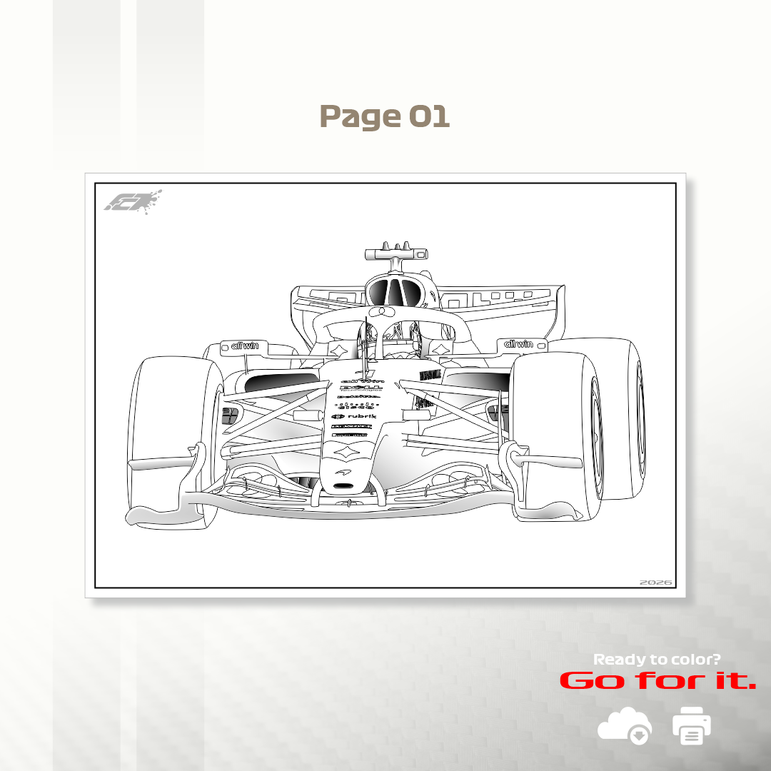 Detailed line-art preview of the Lando Norris 2026 McLaren MCL40 Formula 1 coloring page, Page 01. Contains a head-on view with detailed sponsor outlines, for kids and adults. Printable PDF.