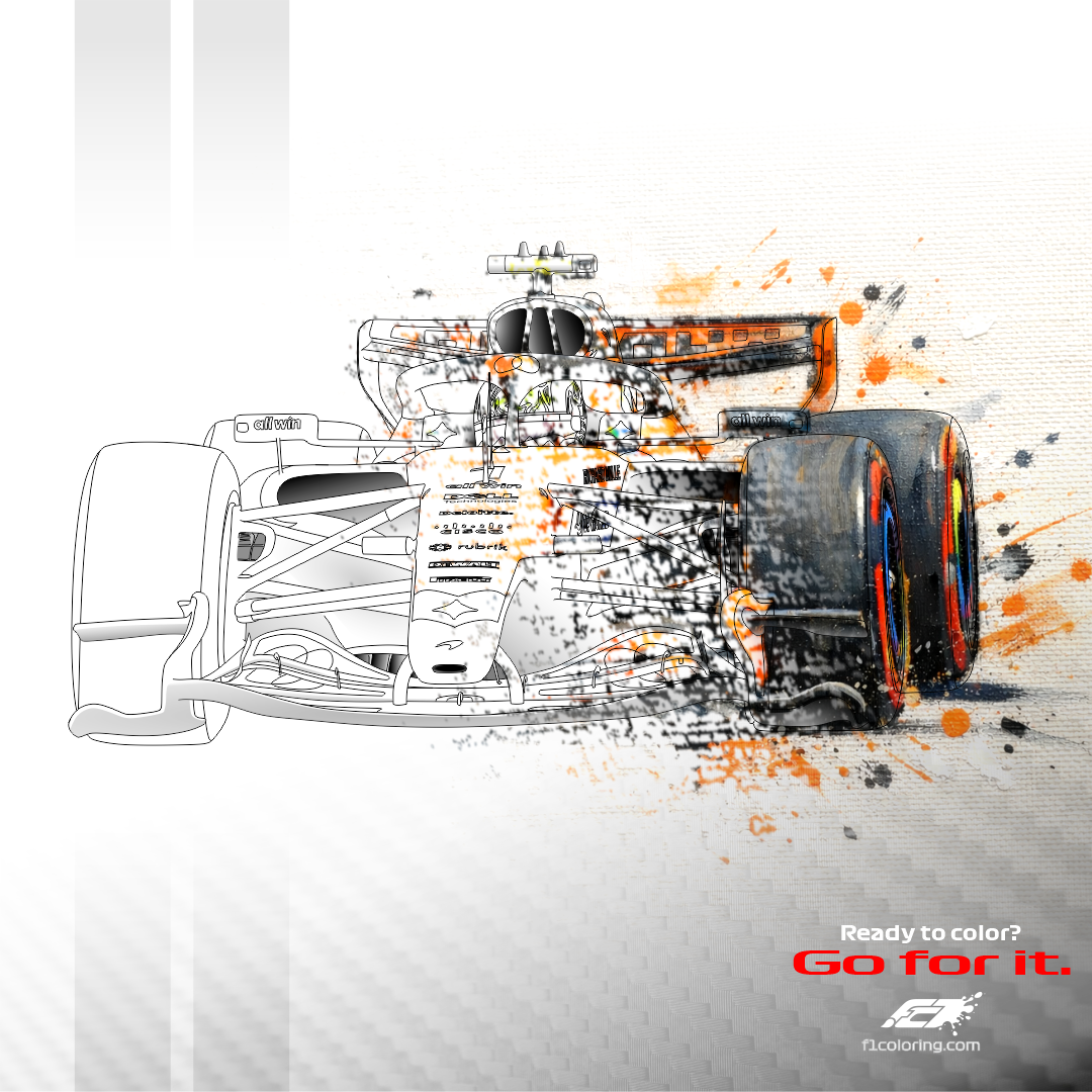 Lando Norris 2026 McLaren MCL40 Formula 1 coloring page promo image, featuring a half-colored car with dynamic orange and black paint splatter. Shows an example of a colored-in page.