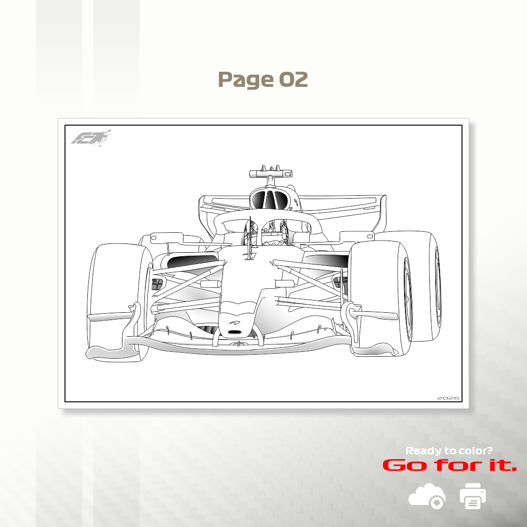 Clean line-art preview of the Lando Norris 2026 McLaren MCL40 Formula 1 coloring page, Page 02. Features a simplified design for easier coloring. Printable PDF.