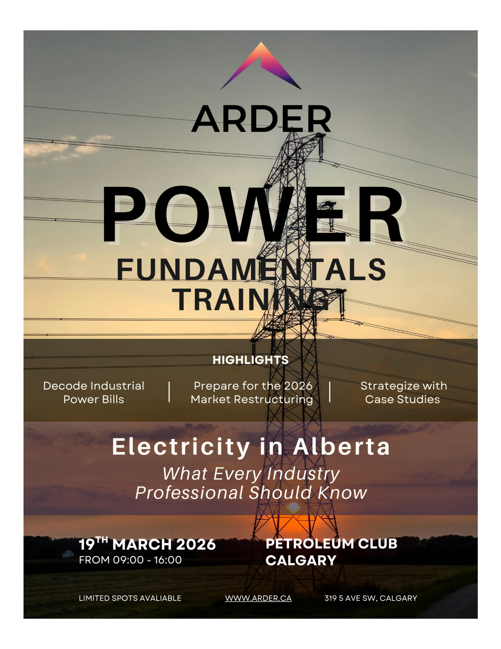 Poster for Arder Energy's Alberta Electricity Fundamentals Training on March 19th