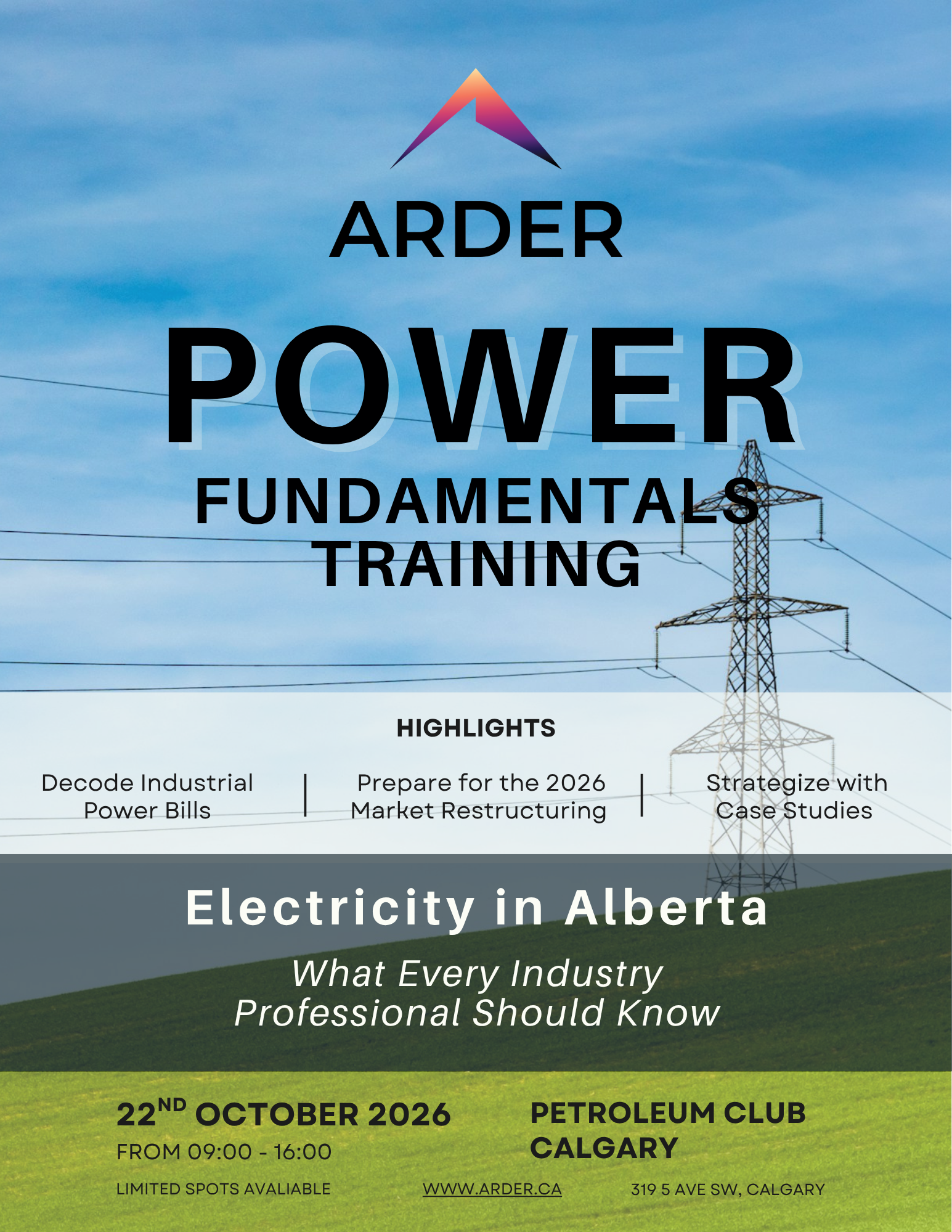 Flyer for Arder Energy's Alberta Power Fundamentals training course on October 22nd at the Calgary Petroleum Club