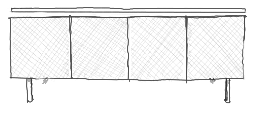 Dibujo de un mueble de almacenamiento con cuatro puertas y patas, posiblemente un armario o estantería sencilla.