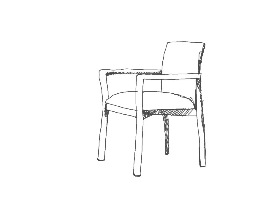 Dibujo de una silla con respaldo recto, con estructura de líneas sencillas y sin detalles decorativos.