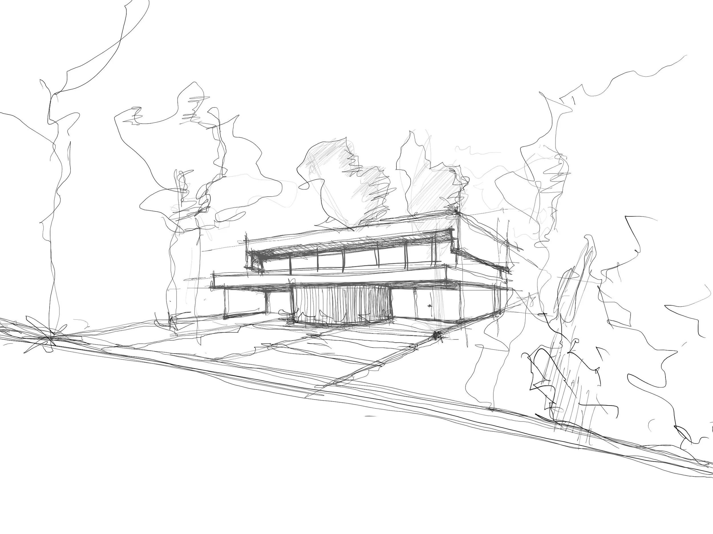 Boceto arquitectónico de una casa moderna de dos pisos, con grandes ventanales y un diseño minimalista, rodeada de árboles.