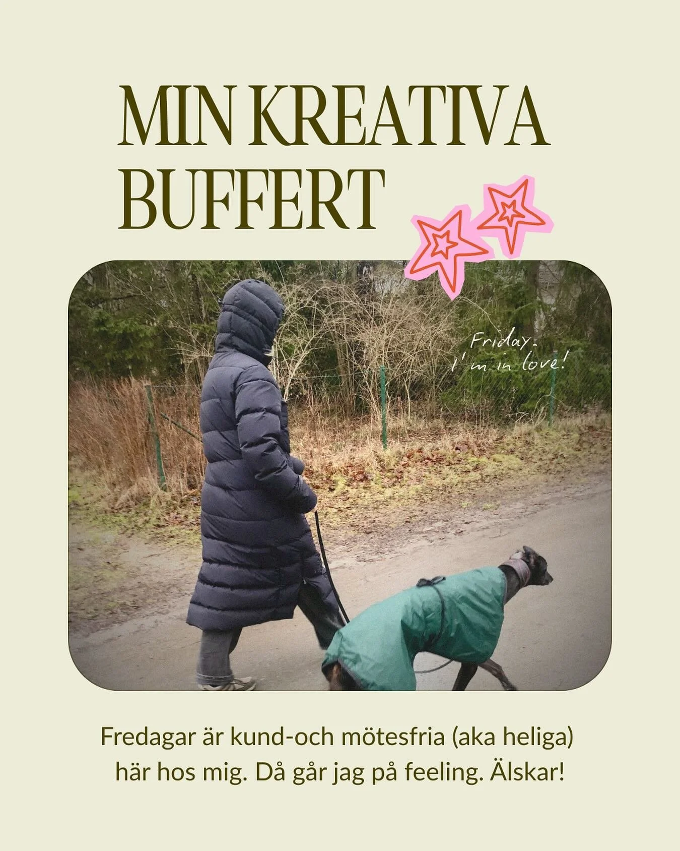 Fredagar f&ouml;rs&ouml;ker jag k&ouml;ra kund- och m&ouml;tesfria. Det &auml;r liksom min buffertdag.

Ibland blir det f&ouml;retagsutveckling, flum i Canva eller ledigt - om jag k&auml;nner att jag beh&ouml;ver det.

Idag &auml;r en s&aring;n dag d