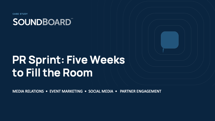 SoundBoard case study cover titled “PR Sprint: Five Weeks to Fill the Room,” featuring media relations, event marketing, social media, and partner engagement.
