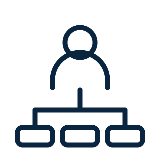 Dark blue hierarchical organization chart icon with a person connected to three rounded boxes