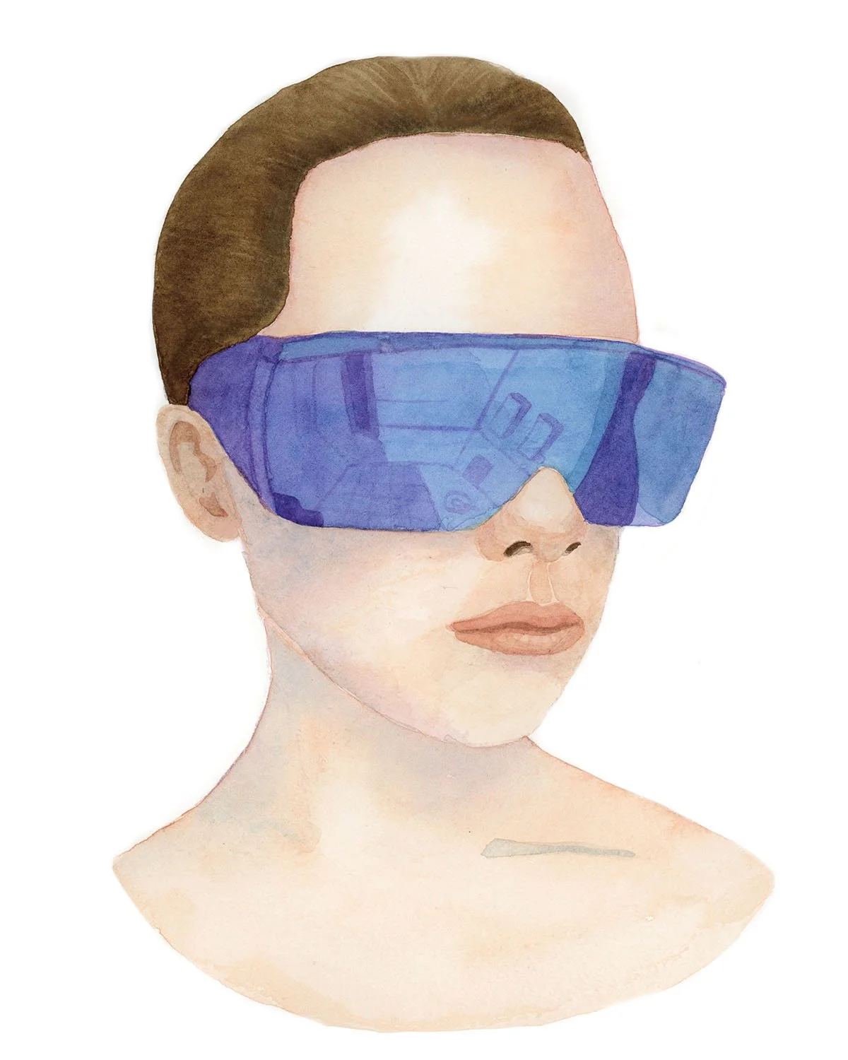 Watercolor portrait of a woman wearing oversized glasses.