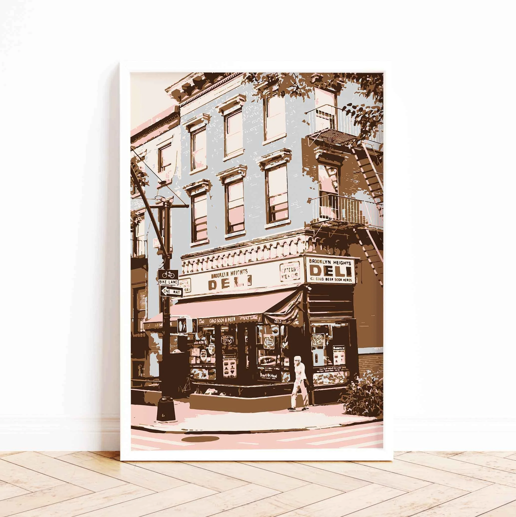 A poster featuring a  deli at a corner of Brooklyn Heights in brown.