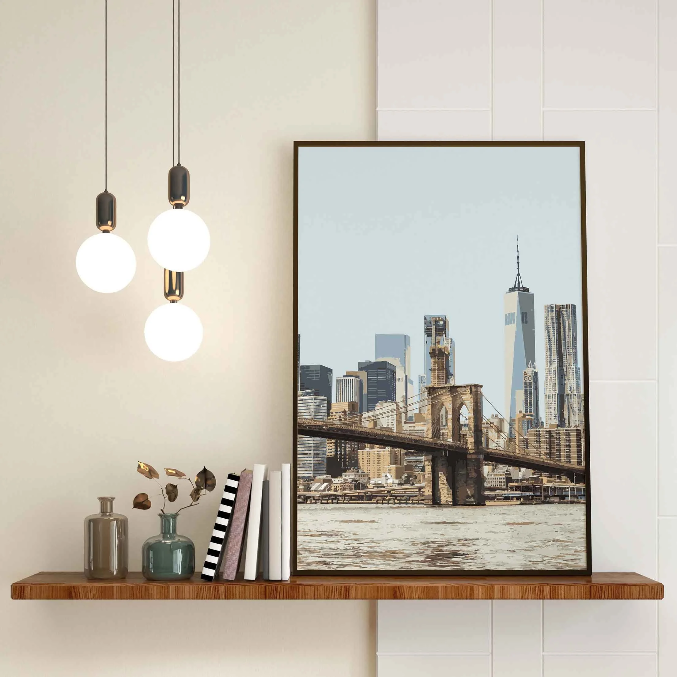 A poster featuring the Brooklyn Bridge on a shelf.