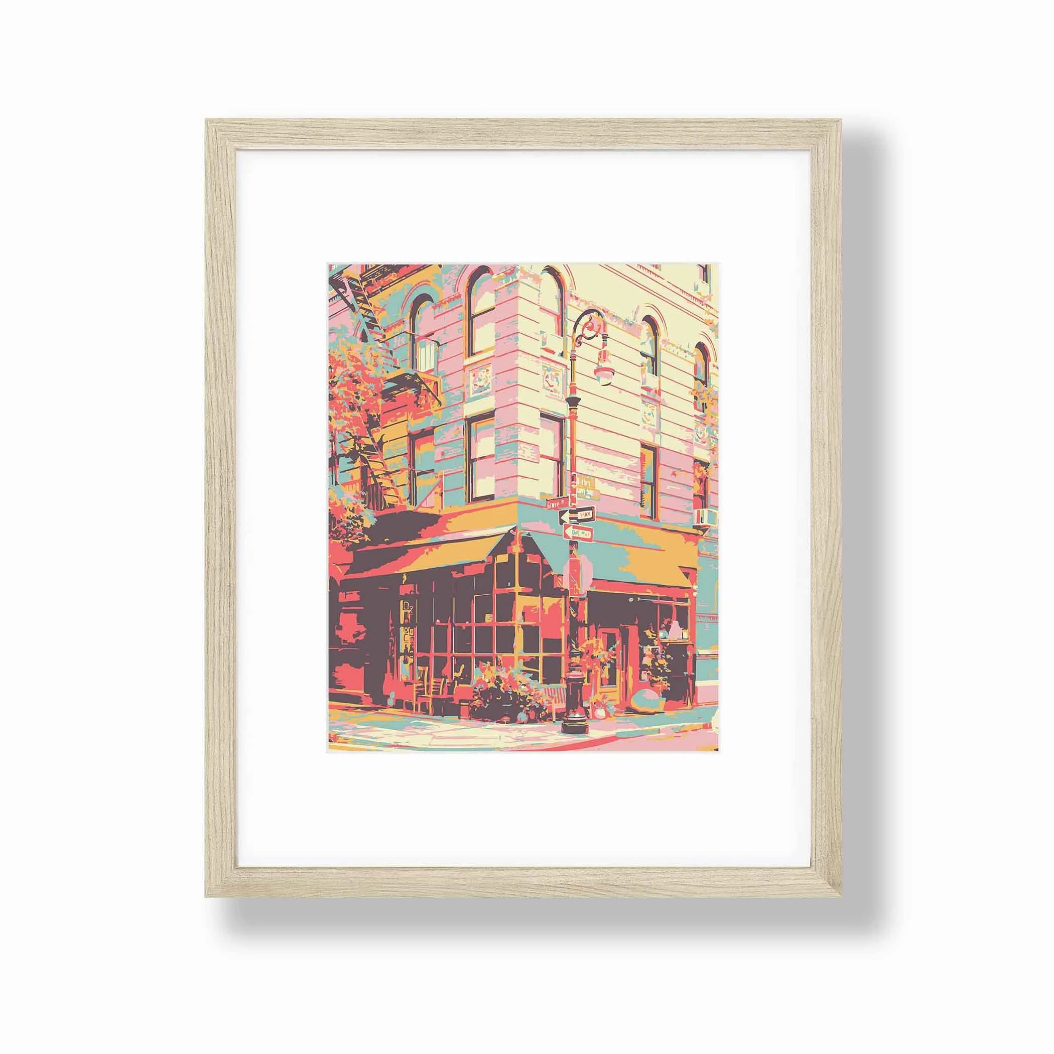 Colorful print featuring a corner in Greenwich Village, framed with a mat.