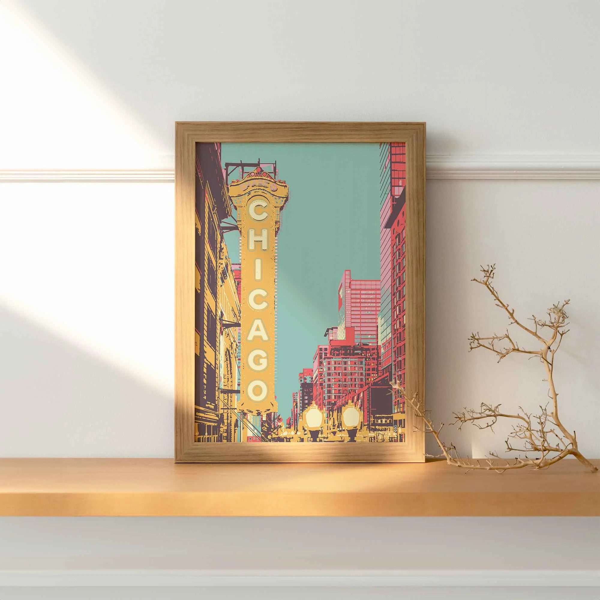 Framed Chicago art print on a shelf.