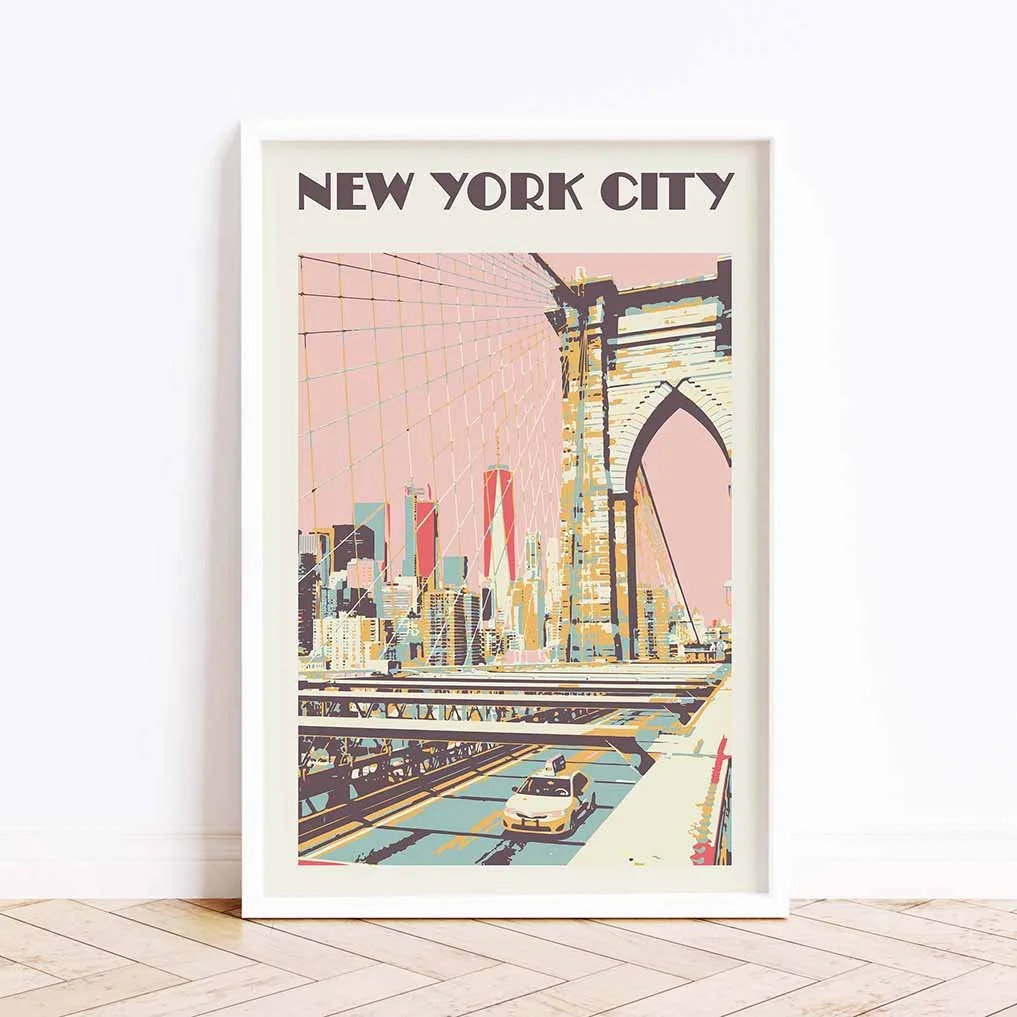 Framed New York City poster on the floor next to a white wall.