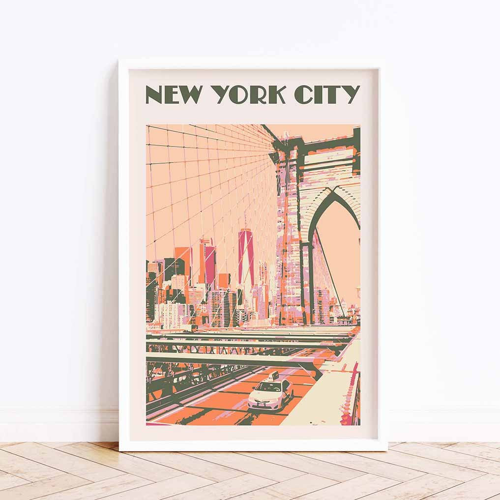 Framed New York City poster in orange shades on the floor next to a white wall.