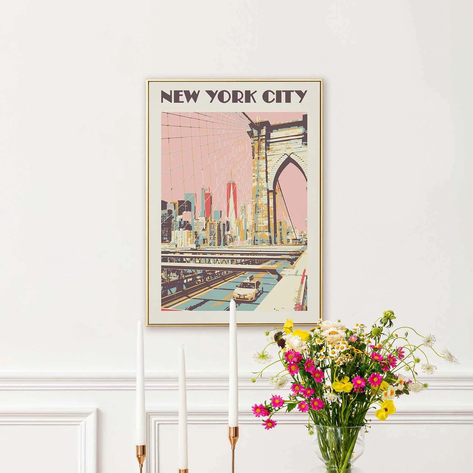 Framed New York City poster hung on a white wall.