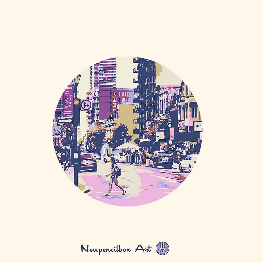 Detail of the Leonard Cohen print, showing the street.