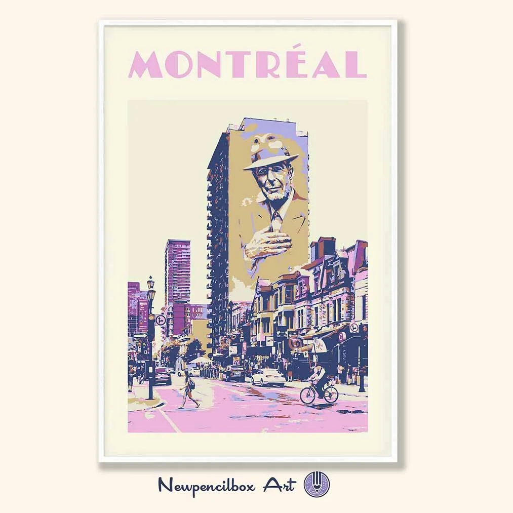 Montreal poster featuring the Leonard Cohen mural, in blue.