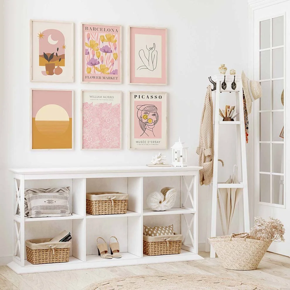 Printable pink wall art on a white wall.