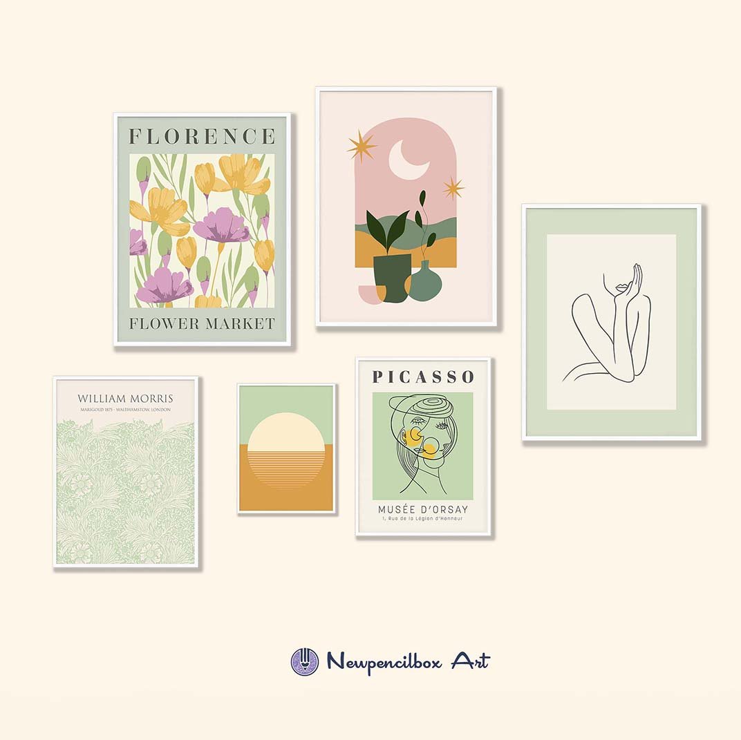 Sage green gallery wall.