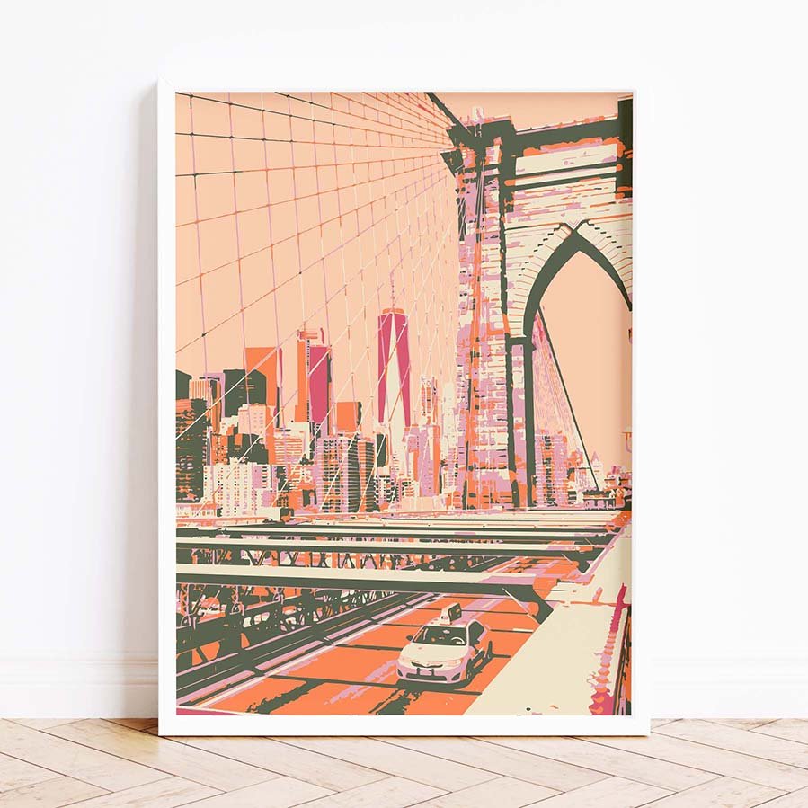 Framed poster of the Brooklyn Bridge, in peach shades.
