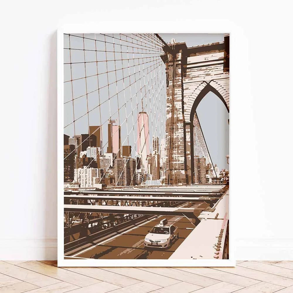 Framed poster of the Brooklyn Bridge, in brown shades.