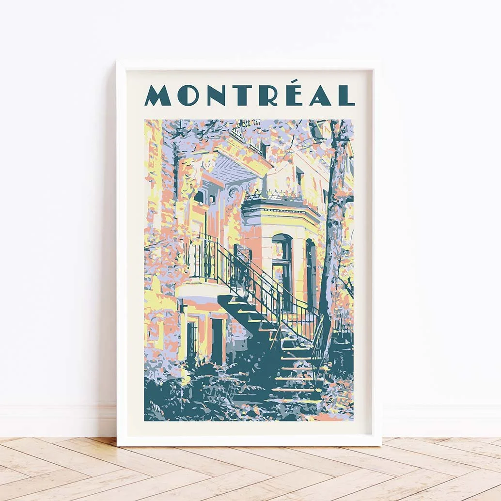 Framed Montreal poster featuring the iconic outdoor staircase, in a green palette.