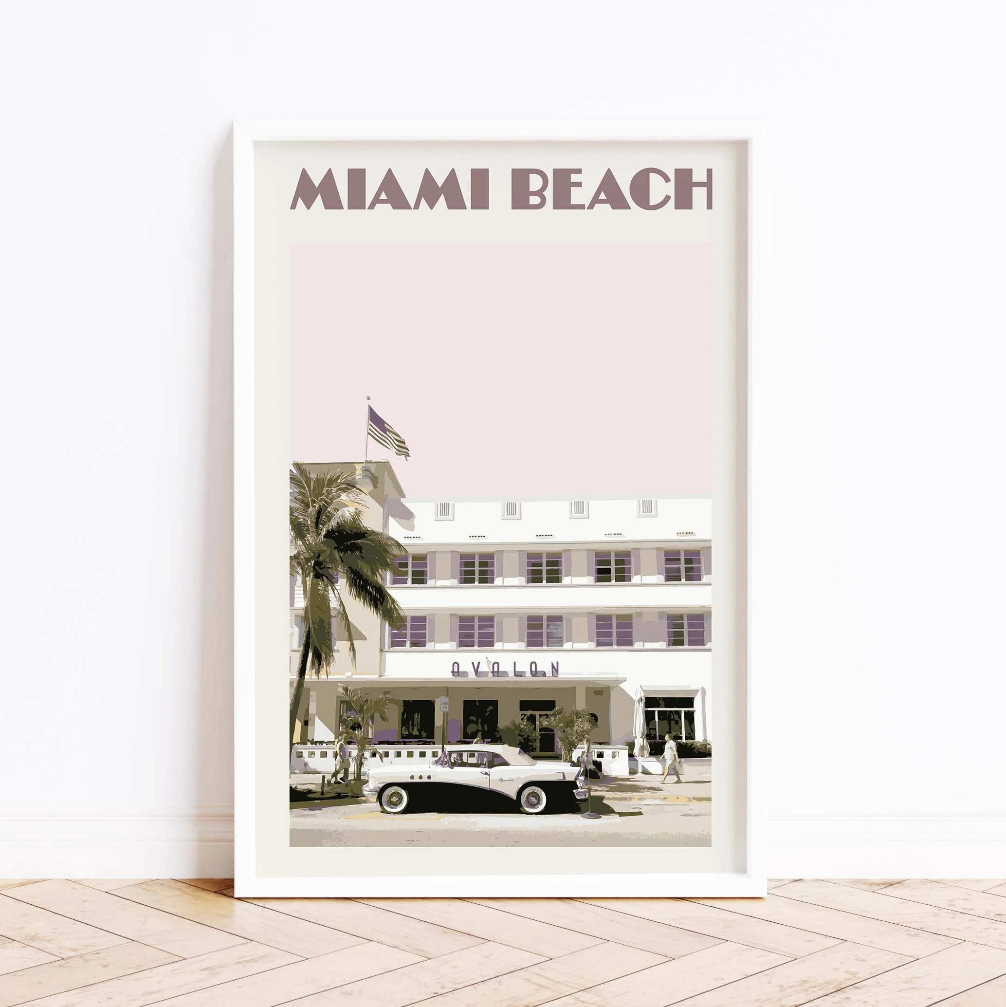 A Miami poster in shades of blue against a white wall.