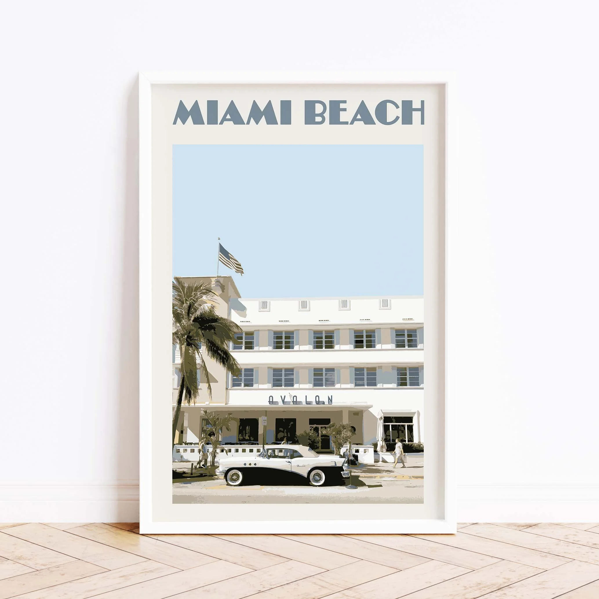 A Miami poster in shades of pink against a white wall.