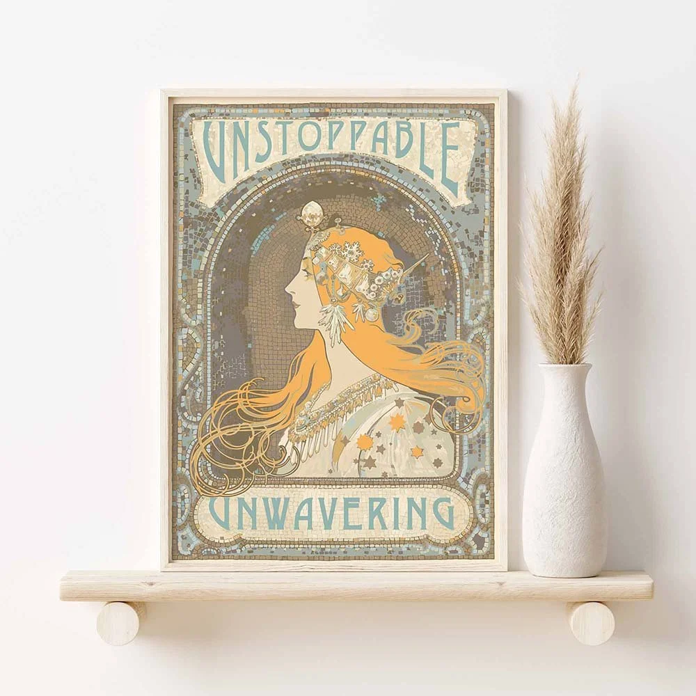 An Art Nouveau poster in a wooden frame on a shelf, next to a boho vase. .