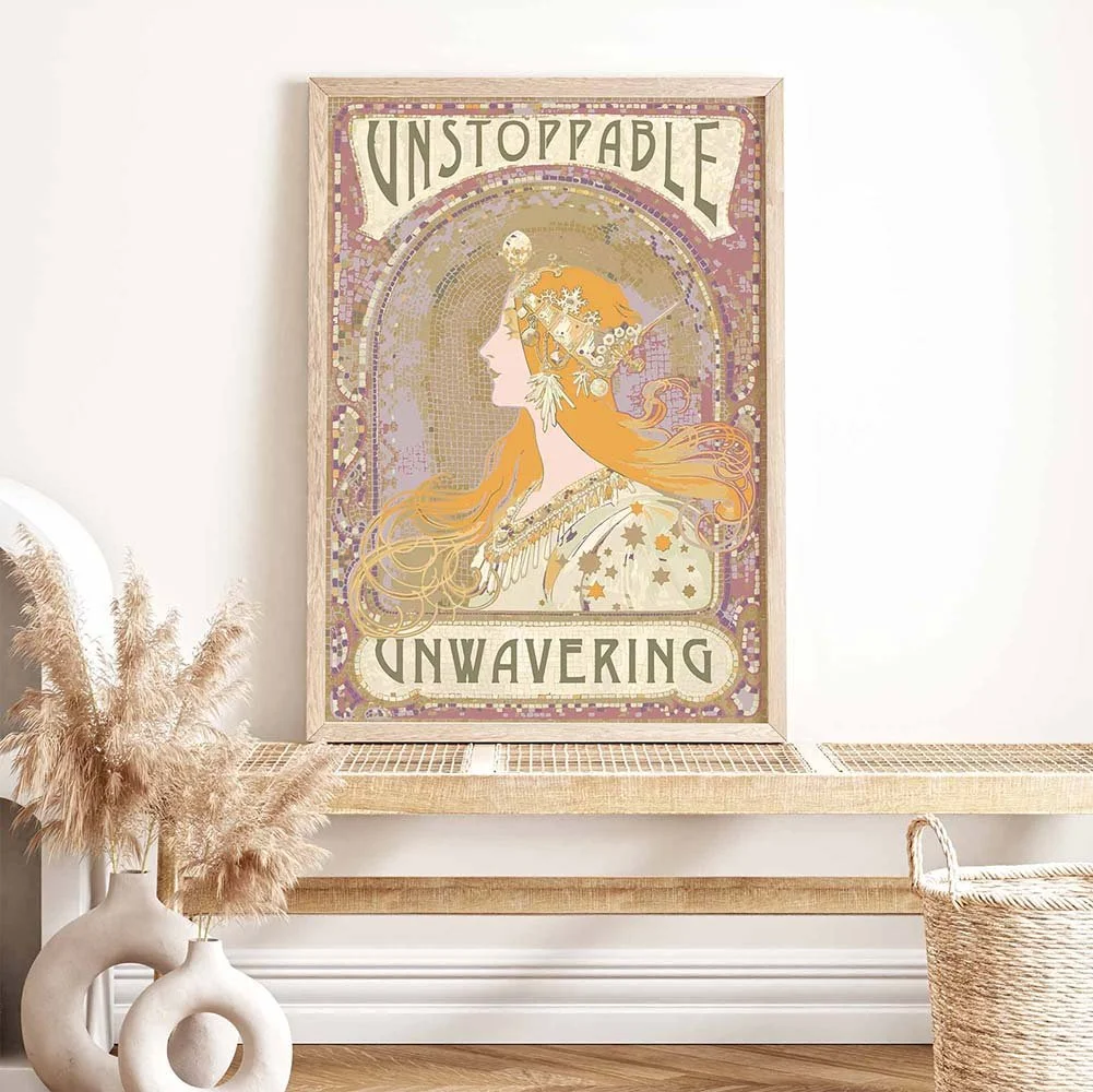 Empowering Art Nouveau Print: Unstoppable Woman's Strength