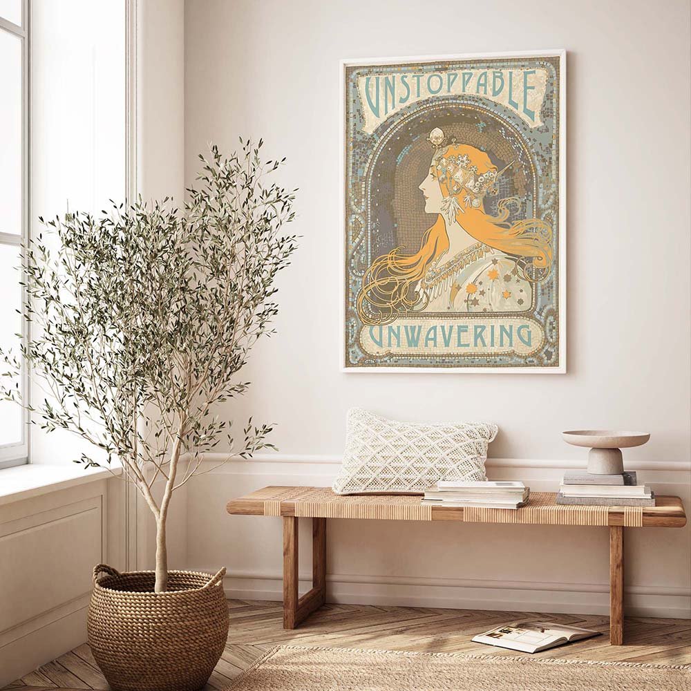 An Art Nouveau  poster of a woman on a wall, next to a window and a plant.