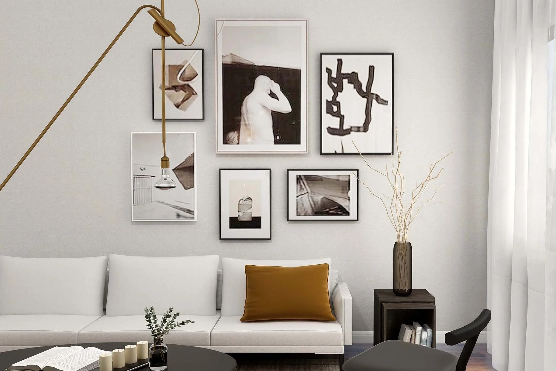 A gallery wall featuring artwork in different sizes.