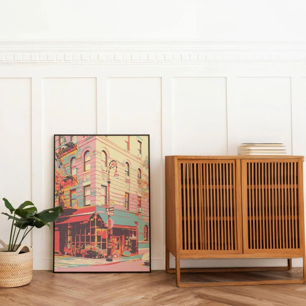 A print featuring Monica's apartment building, from the beloved series Friends.