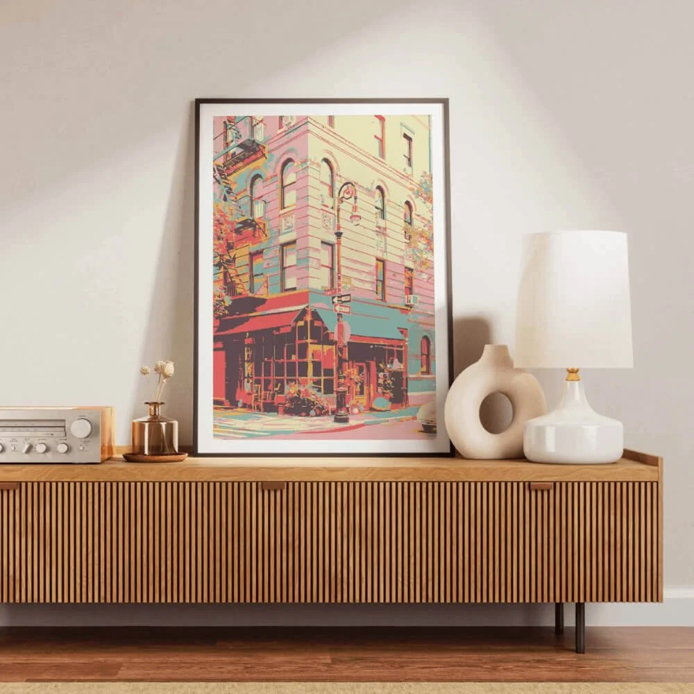 A framed art print featuring Monica's apartment, from the beloved Friends series.