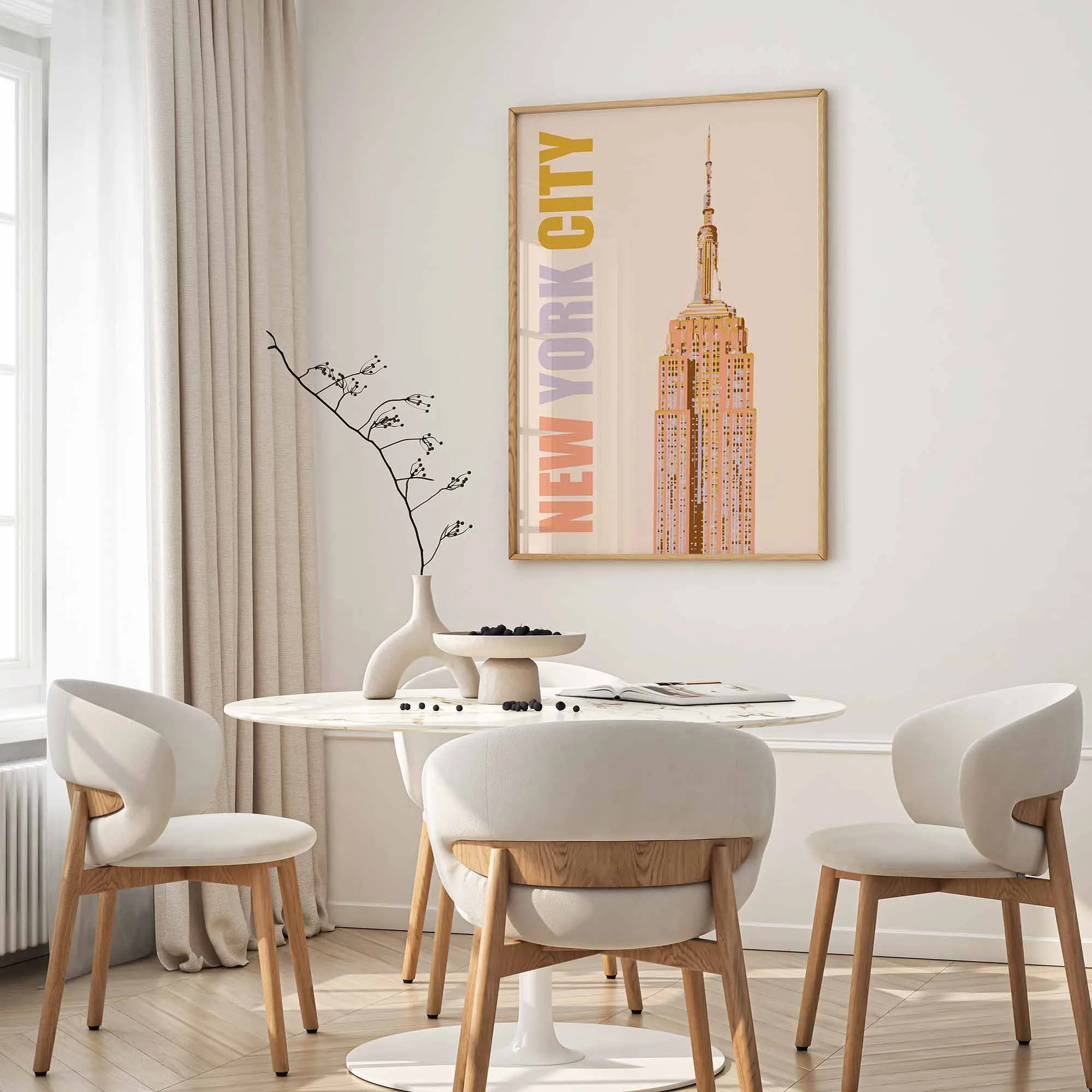 A New York City poster featuring the Empire State on a wall in a modern dining room.