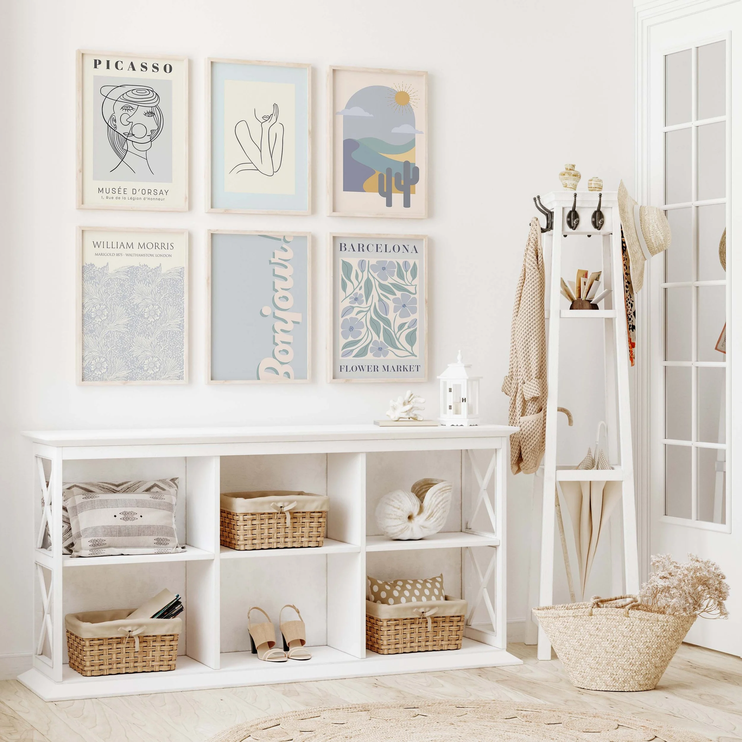 A blue boho-chic gallery wall.