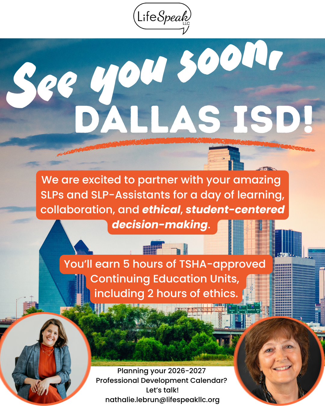 LifeSpeak LLC is engaged in a year long collaborative project with Dallas ISD’s Speech Language Pathology Team!  In August 2026, LifeSpeak kicked off this engagement with a day long, TSHA approved, training for over 100+ of their professionals on all
