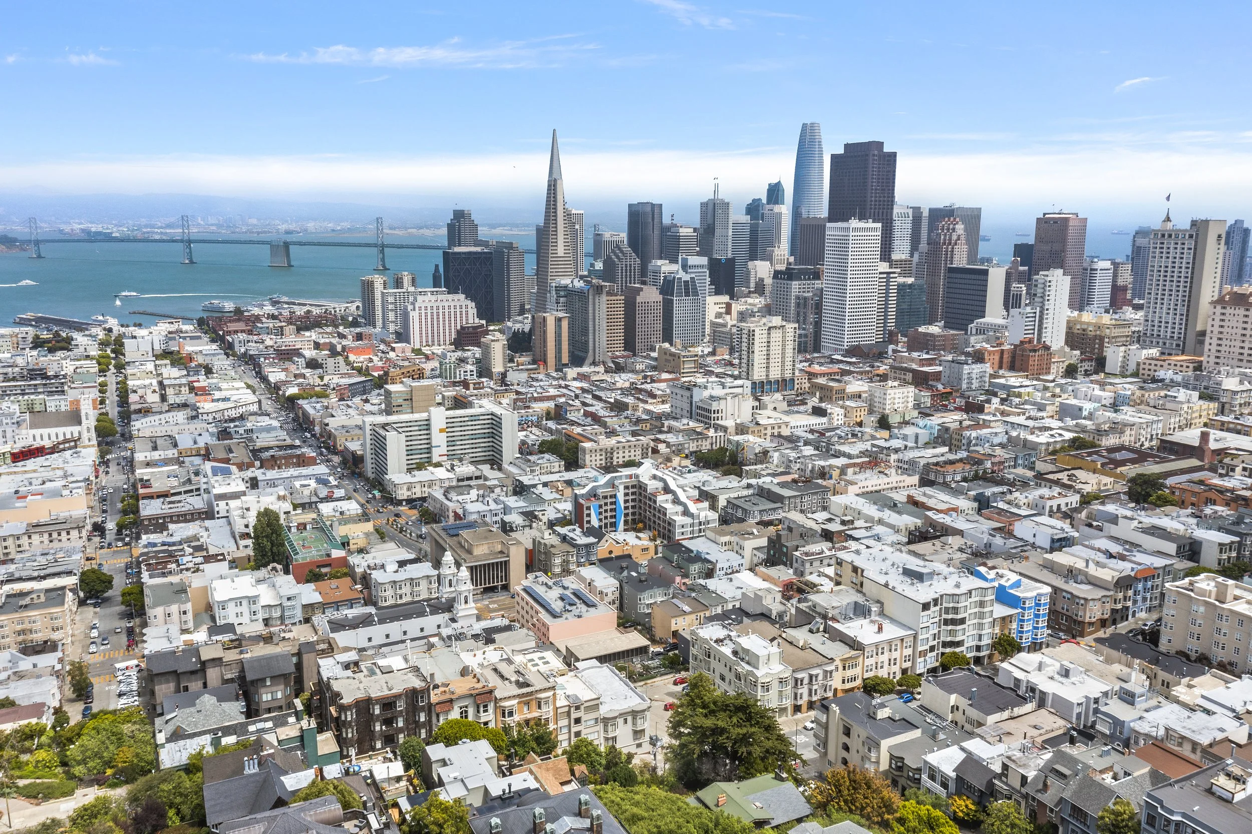 Aerial view of a city skyline with high-rise buildings along the waterfront, including the Transamerica Pyramid and Salesforce Tower in San Francisco, with a bridge and bay in the background.