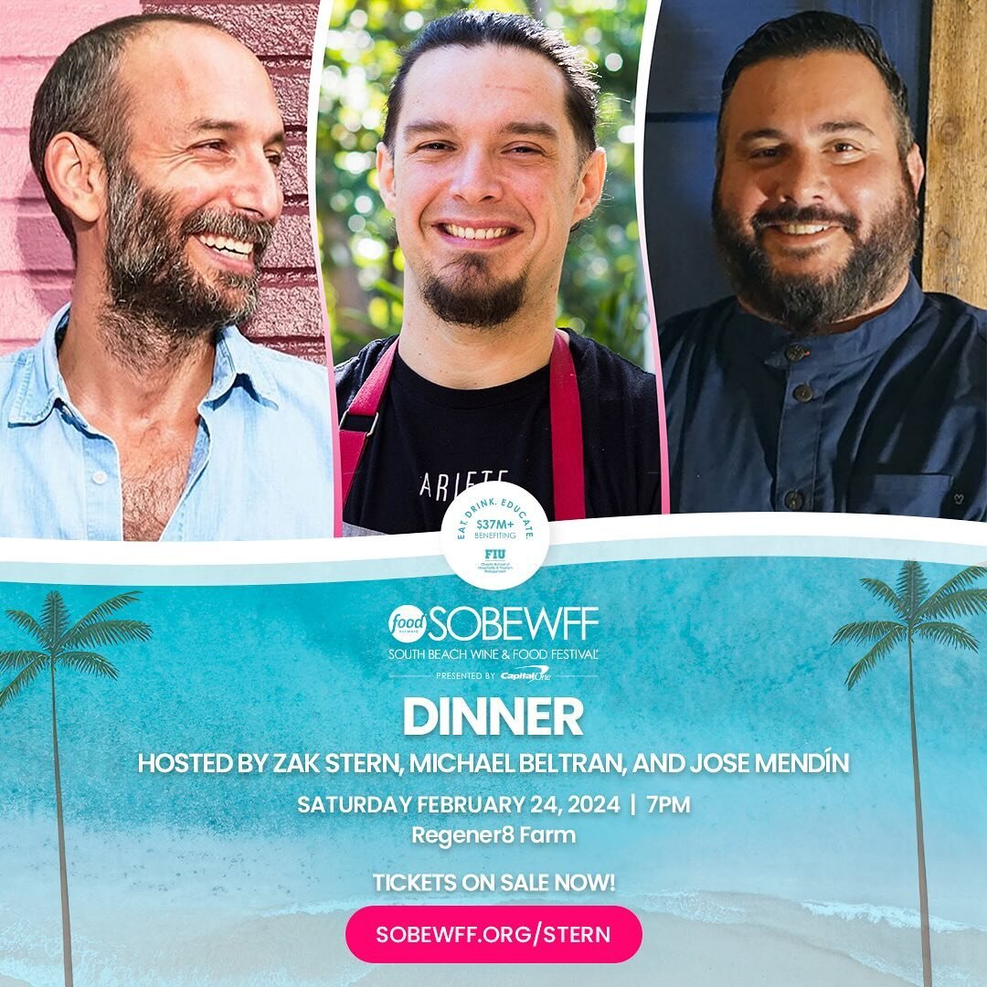 Regional Cuisine Farm Dinner for @sobewff 2024 February 24th at 7 pm. Tickets on Sale Now. 

We are very excited to announce that Regener8 Farm will be hosting Zak the baker (@zakthebaker ), Chef Mike Beltran from Ariete (@piginc) and Chef Jose Mendi