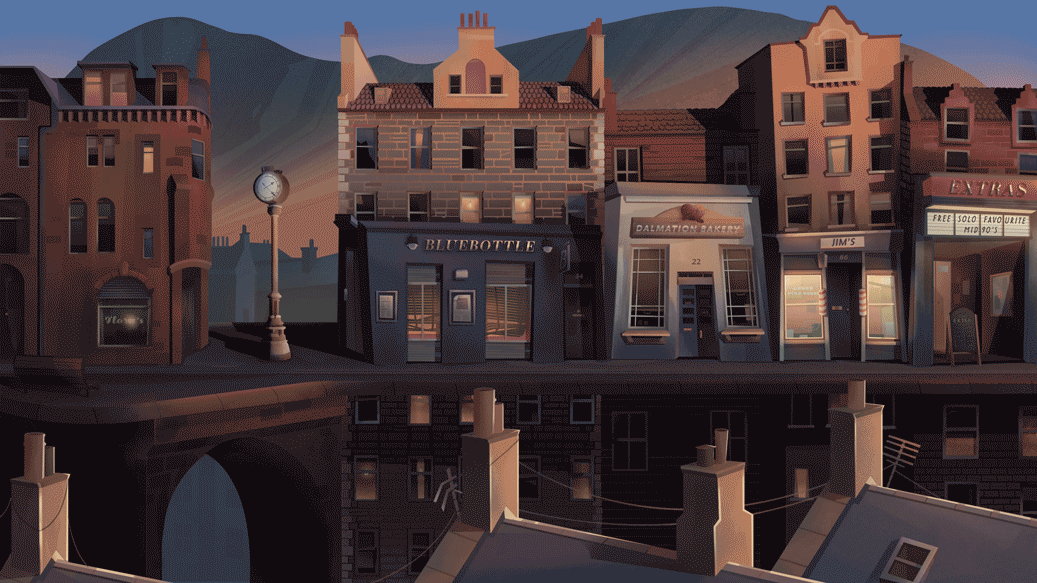 Illustration of a street with various buildings and storefronts, including a bakery and a clock on a lamppost. The scene includes reflections of chimneys in the foreground, set against a backdrop of mountains at dusk.