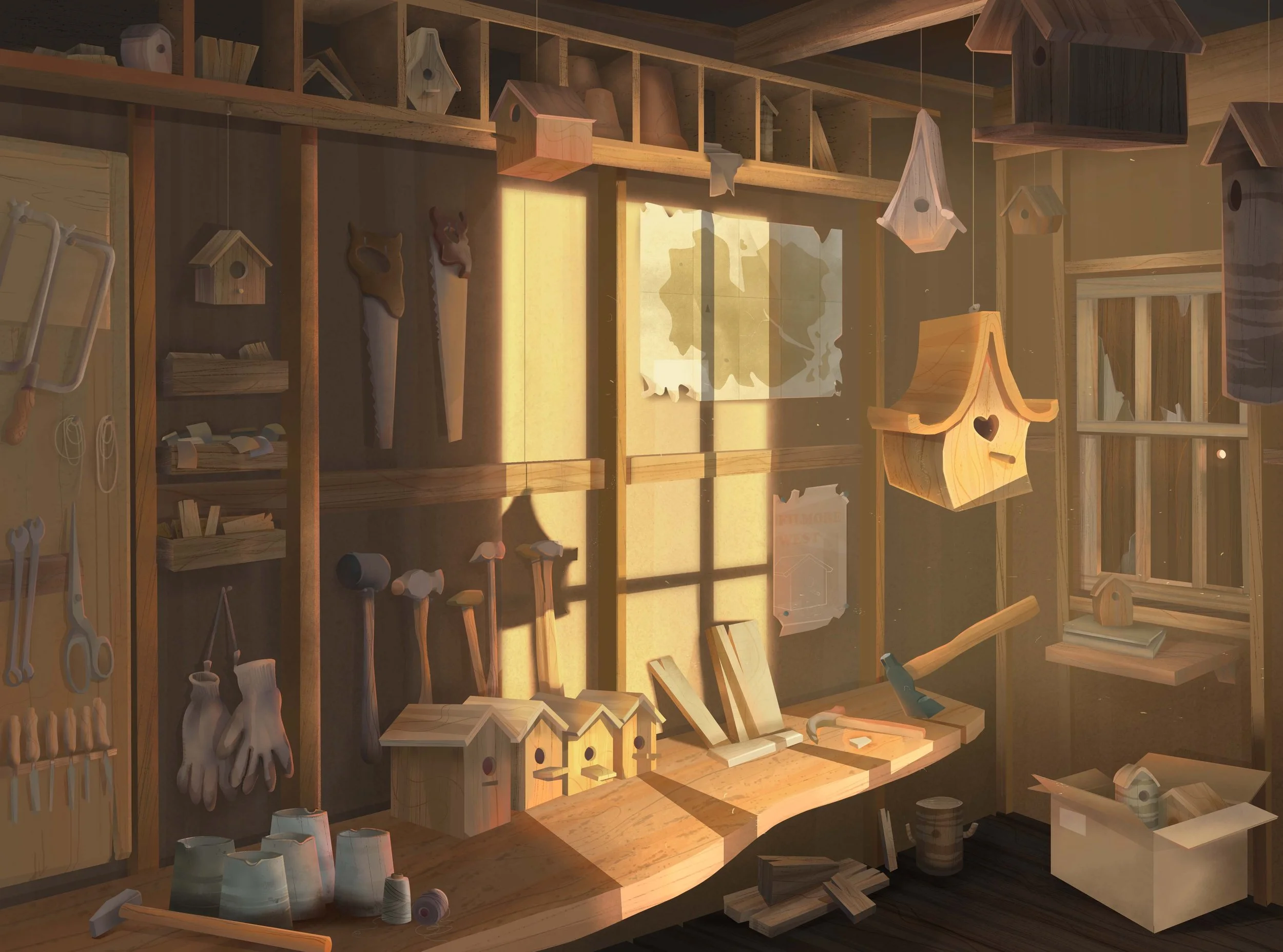 A woodworking workshop with birdhouses hanging and shelves filled with tools and wood pieces, illuminated by sunlight.