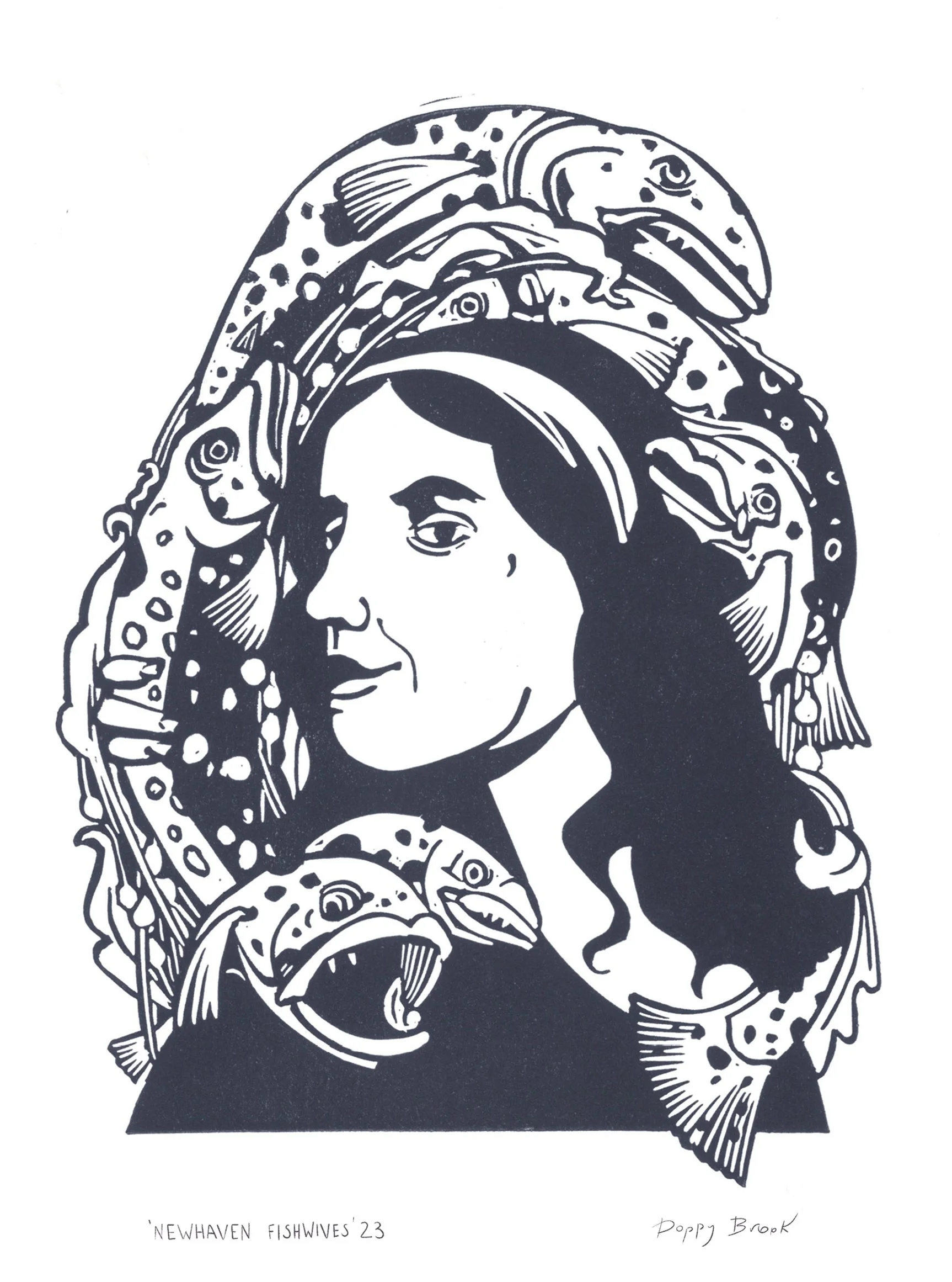 Navy and white lino print illustration of a woman with fish intertwined in her hair. Carving marks are visible.