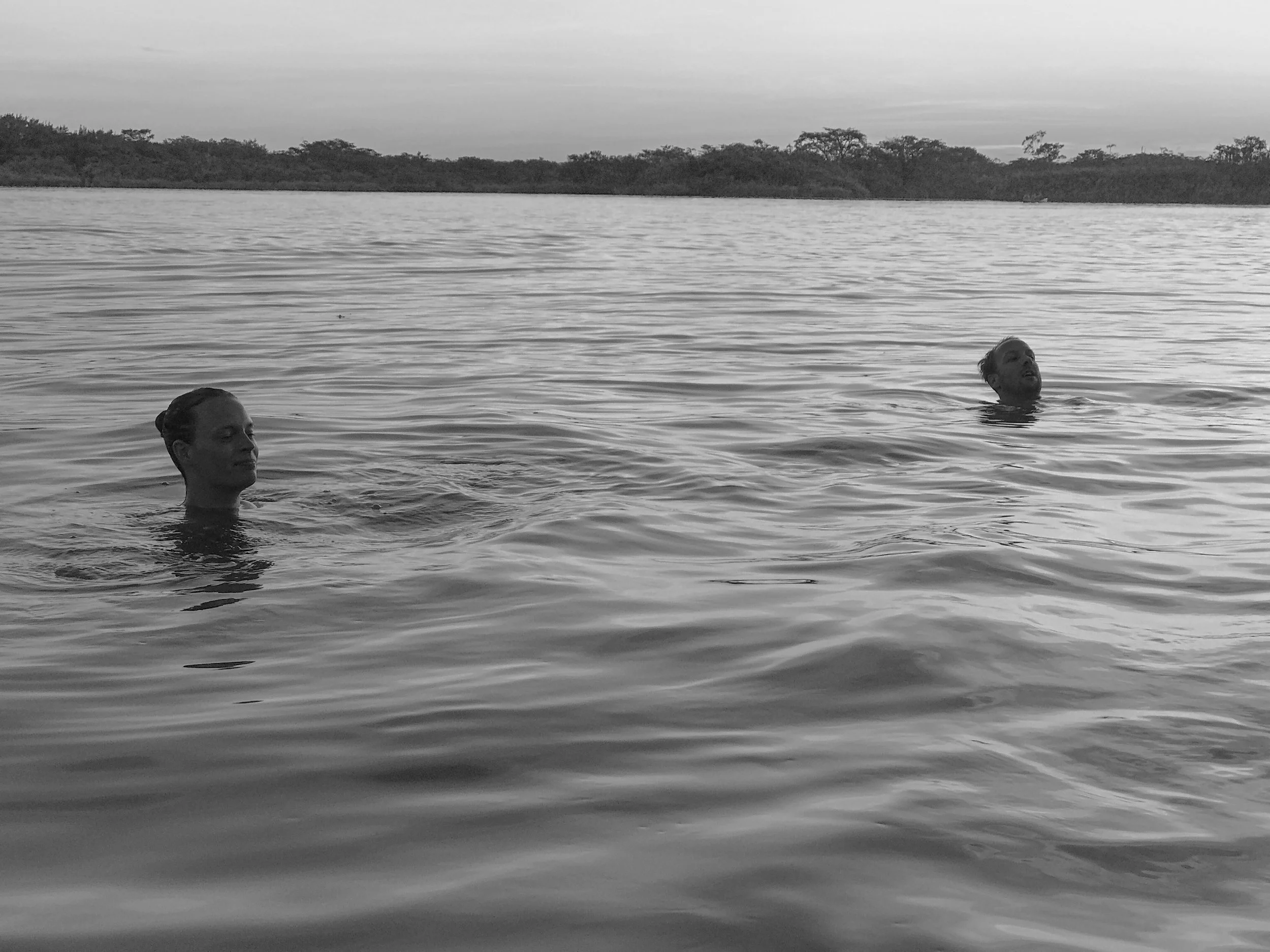 Two people swimming in a body of water with a treeline in the background, black and white photo.