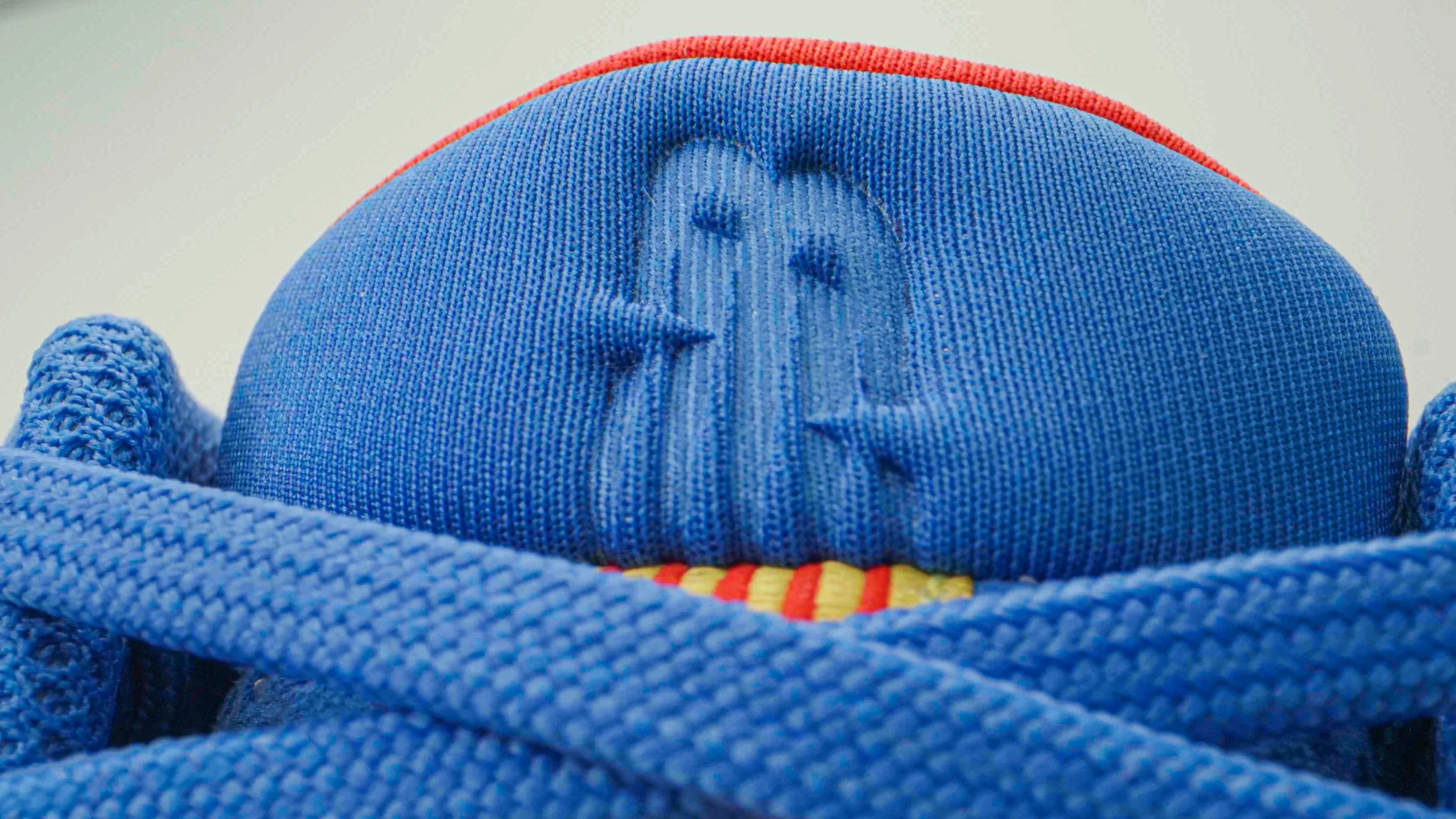 Close-up of a blue Skechers sneaker with a raised logo on the tongue and red accents.